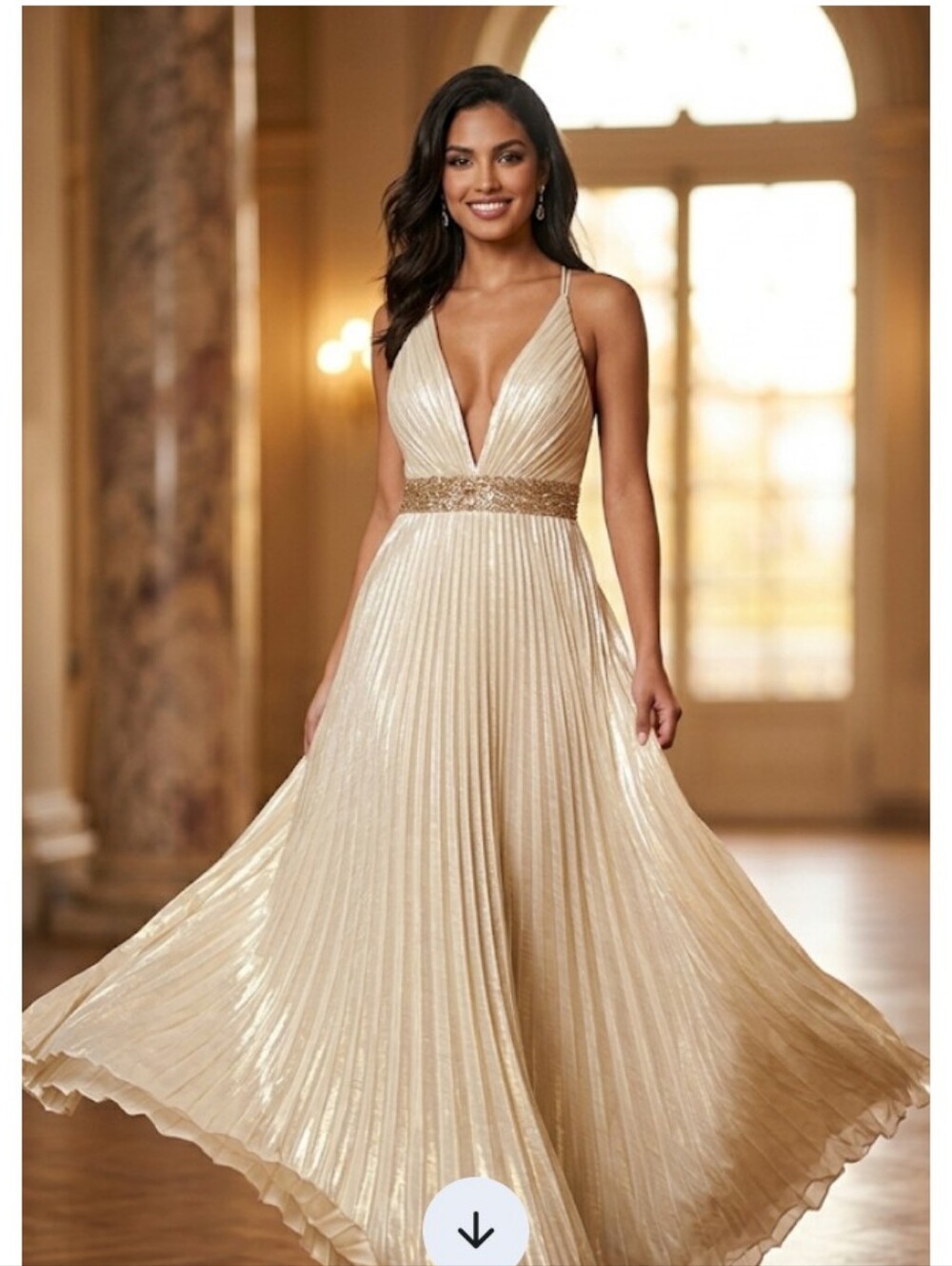 Gold Pleated Spaghetti-Strap Prom Dress with Sequin Waistband